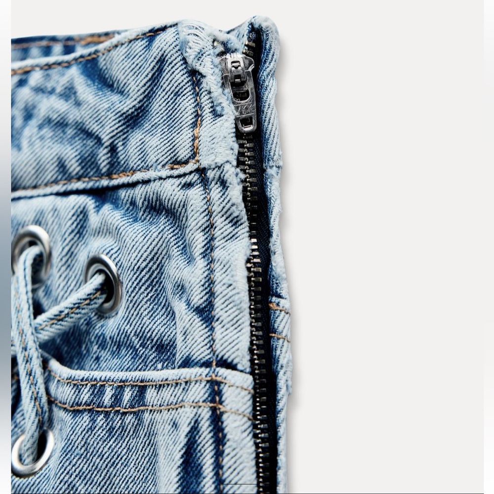 Zara NWT denim jean mini skirt with lace lacing detail - Picture 9 of 9